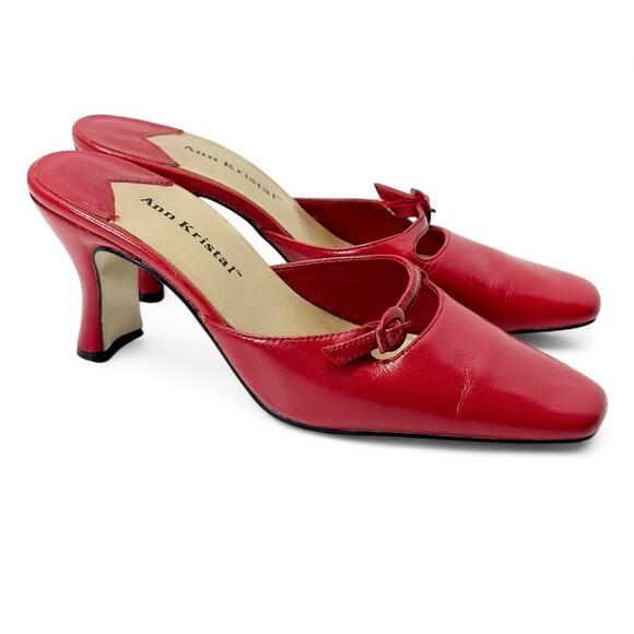 Ann Kristal Red Leather Mules Heels 6M Buckle Vamp 2.5” Retro Y2K Block Heel - Picture 2 of 8